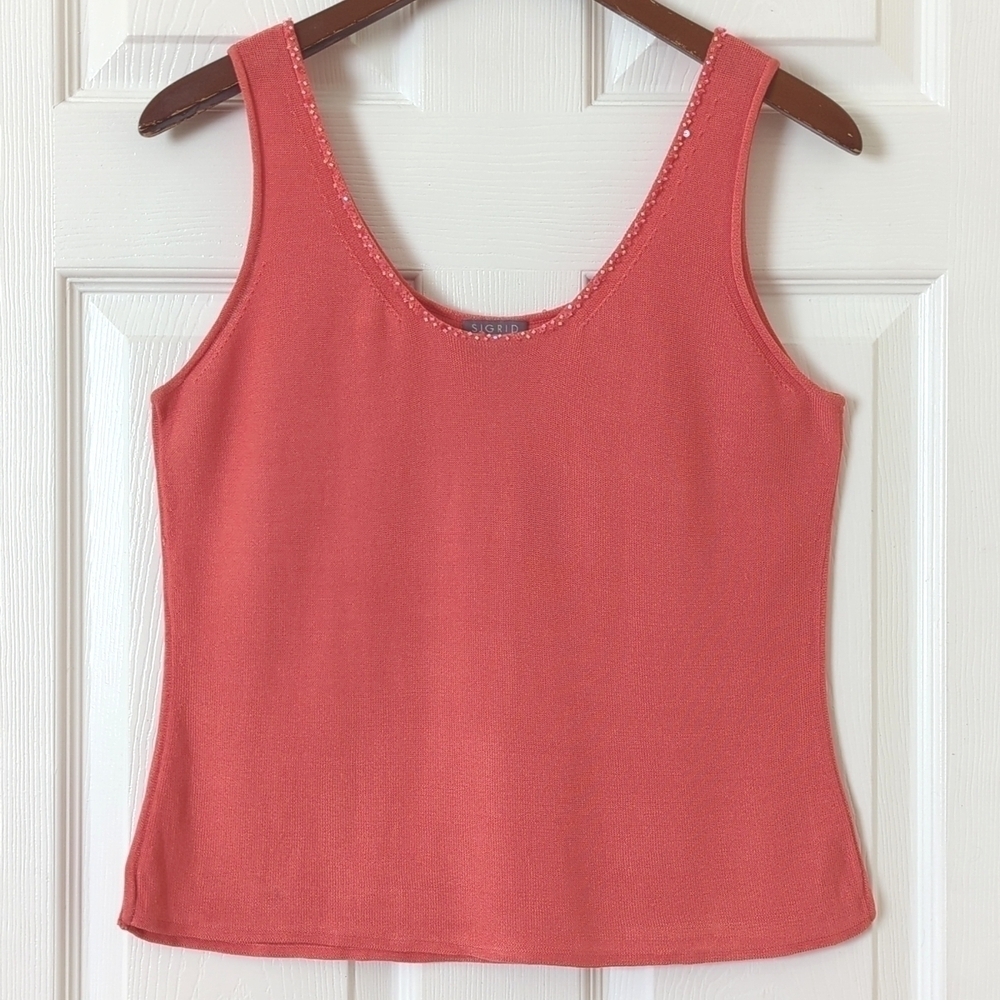 Sigrid Olsen Classic Knit Silk Blend Beaded Scoop Neck Tank Top Peach Pink Small
